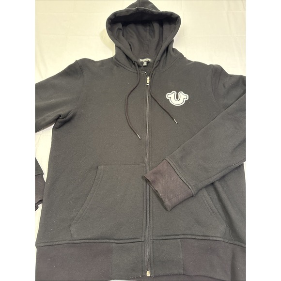 True Religion Men's Black Logo Graphic Core Fleece Lined Full Zip Hoodie SIZE M - Picture 1 of 10